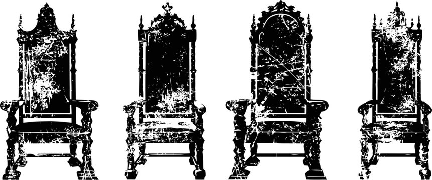 Four vintage ornate wooden thrones in a row with carved details and high backs