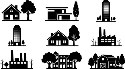 Obraz premium Architectural silhouette collection with residential houses city apartments industrial sites and public buildings with landscaping for real estate market presentation.