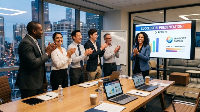 Diverse group of business professionals celebrating successful presentation in modern office with city view and screen displaying q4 results