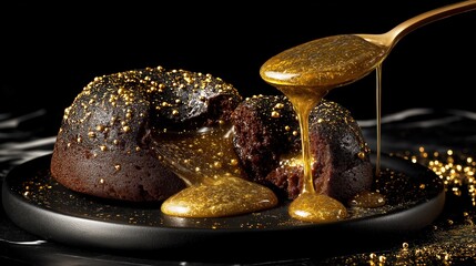 Fototapeta premium Gourmet Dark Chocolate Lava Cakes Lavishly Topped with Edible Gold and Shimmering Drizzle