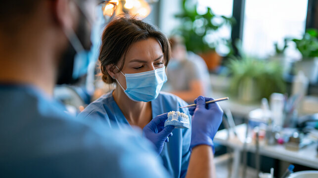 A European orthodontist viewed from behind creates softly a bright dental mold of a calm young patient teeth in a modern dental clinic in soft daylight dental mold creation