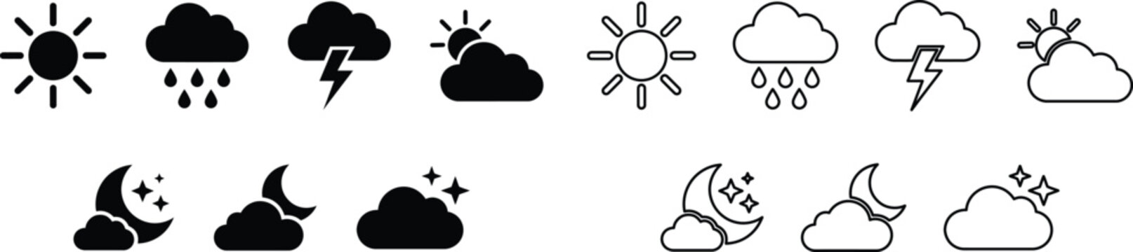 Weather icon set sun rain lightning clouds moon and stars solid outline styles