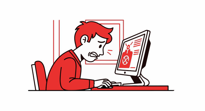 Frustrated person seeing virus alert on computer screen.