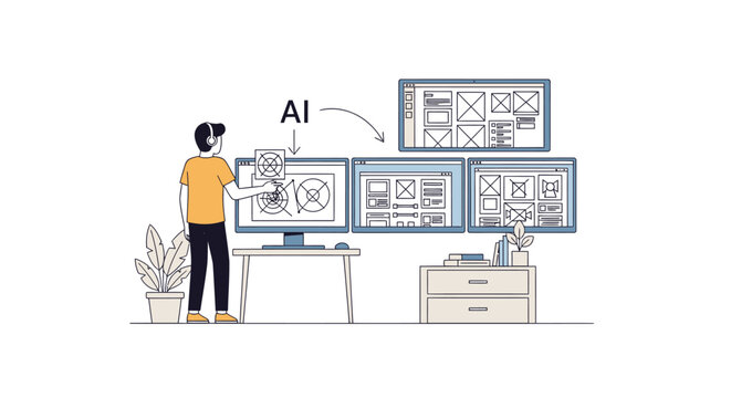 AI-Powered UI/UX Designer Working on Website Wireframes and Interface Prototyping Illustration