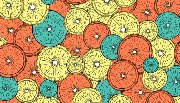 Hand Drawn Citrus Fruit Overlapping Slices Pattern Background