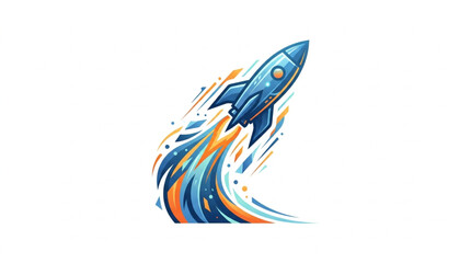 Blue rocket ship launching into space with colorful fiery exhaust. © Yami