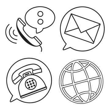 Global communication symbols featuring world globe telephone handset with speech bubble mail envelope notification and vintage rotary phone design