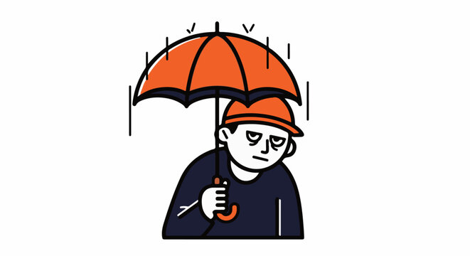 Sad person holding umbrella in heavy rain outdoors.