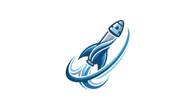 Blue rocket ship launching with swirling motion lines.