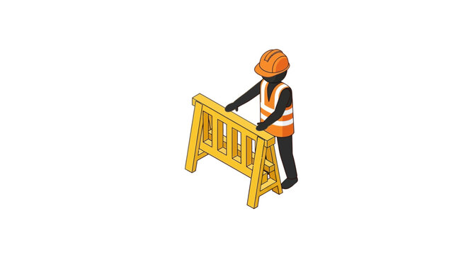 Construction worker handling yellow safety barricade on site.