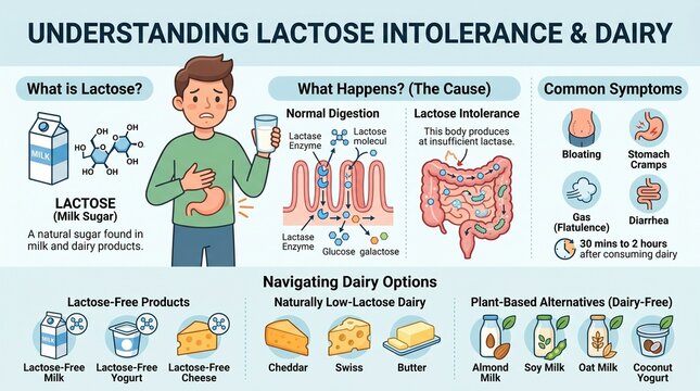 Infographic about lactose intolerance and dairy products with a man experiencing discomfort