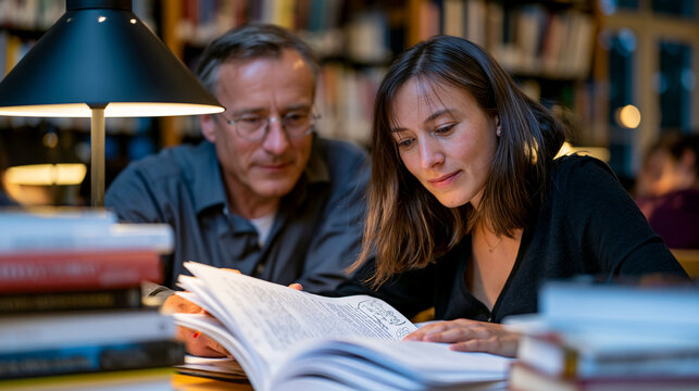 Consciousness philosopher and cognitive scientist collaborating over annotated academic papers at university library table stacked with neurophilosophy texts, solitary lamp illuminating marginalia a