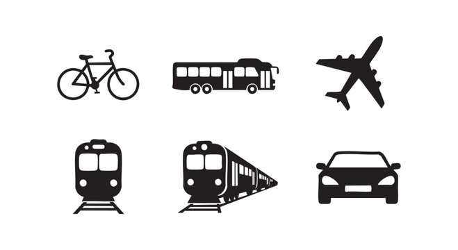 Transportation set vector illustration including bicycle bus airplane train and car icons for travel and logistics design.