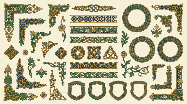 Celtic medieval floral border vector elements set with knotwork frames, stylized leaves, shield labels and antique manuscript ornaments