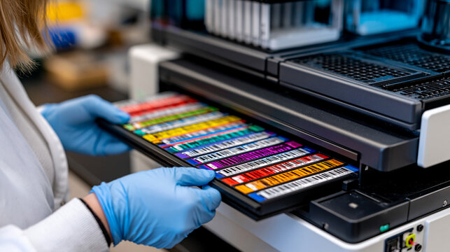 Laboratory technician loading DNA sample cassettes into next generation sequencing instrument inside CRISPR research facility, precise genomic workflow with sterile white background highlighting cli