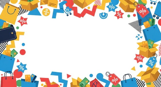 Shopping concept border with bags, boxes, and discount tags.