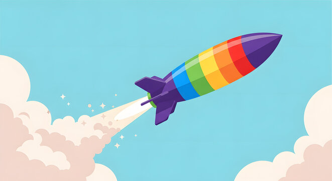 Rainbow rocket ship launching into the blue sky for LGBTQ pride and diversity