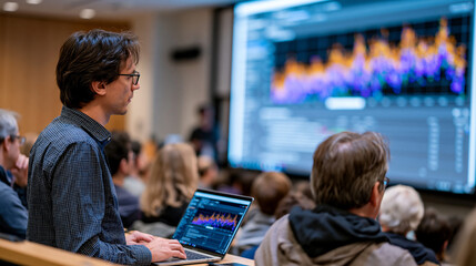 Fototapeta premium Open source science conference presenter sharing collaborative genomics data dashboard on large projection screen before engaged academic audience, community driven research methodology visible in s