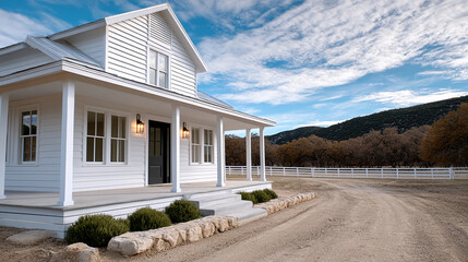 Naklejka premium White farmhouse porch rural countryside blue sky mountain dirt road fence peaceful landscape