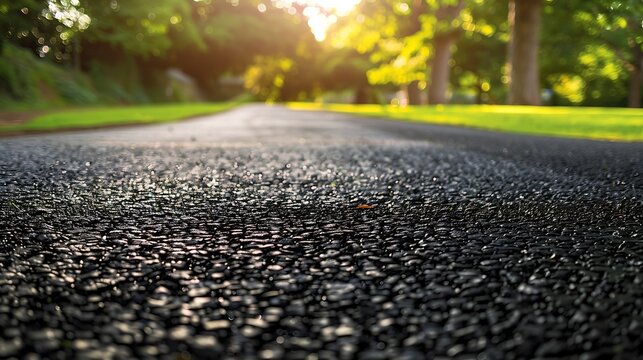 Empty asphalt road stretching into sunlit forest with dappled shadows and fresh pavement