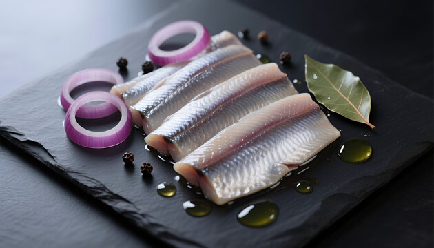 Fresh herring fillets with red onion and herbs on a slate platter  