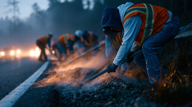 Road construction crew installing highway milestone marker at foggy sunrise, group dynamic of laborers in safety vests anchoring signpost into gravel shoulder, early morning mist rising from asphalt