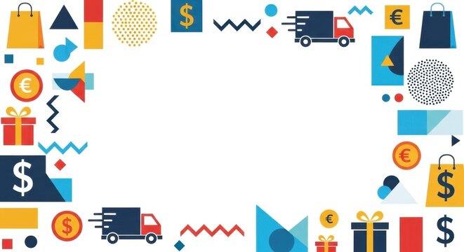 Geometric flat design shopping border with currency symbols and delivery truck illustration.