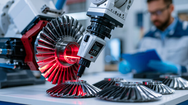 Robotic quality assurance unit uses laser micrometer to measure tolerance on precision machined turbine blades arranged on sterile white inspection table, aerospace engineer annotating deviation rep