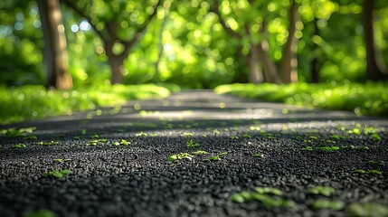 Fototapeta premium Paved pathway through lush green forest with sunlight filtering through trees