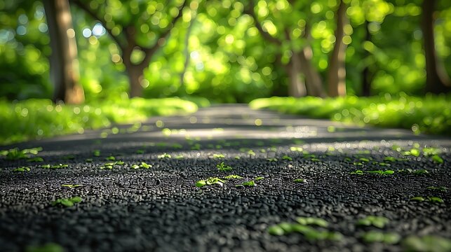 Paved pathway through lush green forest with sunlight filtering through trees