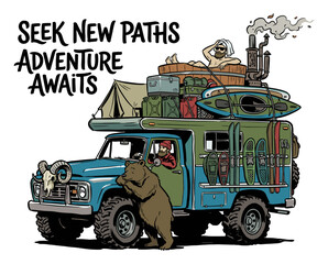 Obraz premium Vintage camper truck illustration with adventure gear and bear for outdoor travel and wanderlust concepts