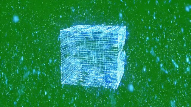 Digital Cube Dissolving on Green Screen - A digital wireframe cube is seen dissolving into small particles against a vibrant green chroma key background.