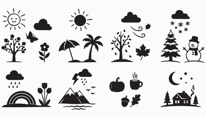 Four Seasons Weather Icons Set - Nature and Climate Silhouettes © Madaheen