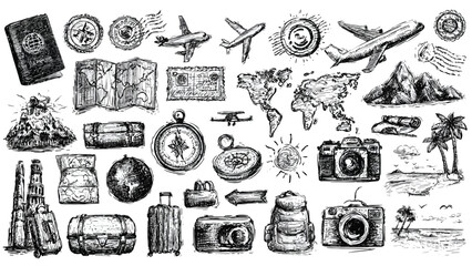 Vintage travel doodles passport airplane map and adventure elements in sketch style © nexcraft