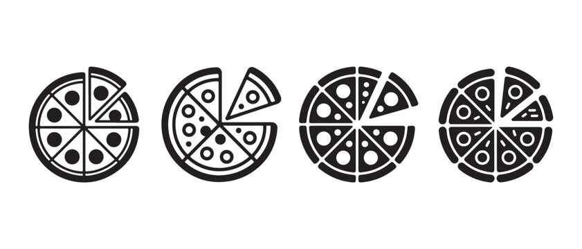 Set of black pizza slice icons with pepperoni toppings on a clean white background minimalist style.
