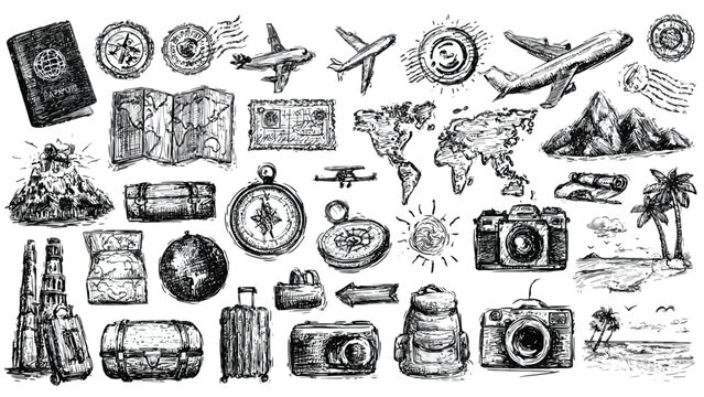 Vintage travel doodles passport airplane map and adventure elements in sketch style