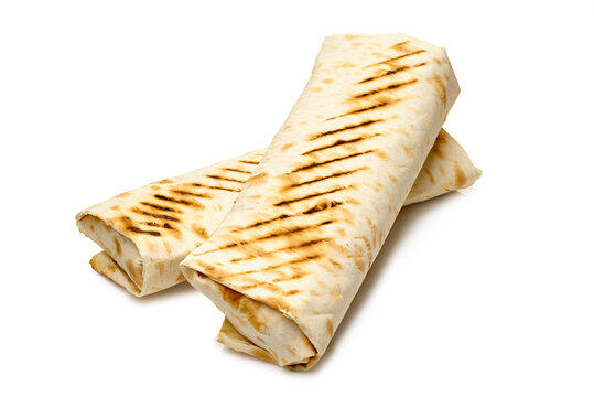 Golden grilled tortillas presented neatly. Appetizing grilled wrap sandwiches on white background