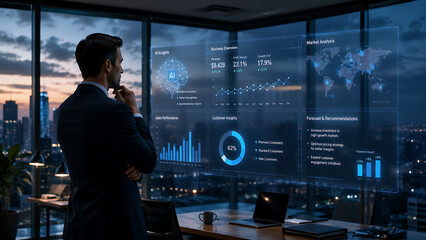 Fototapeta premium Businessman looking at futuristic digital holographic dashboard with business analytics, data visualization, and ai insights in a modern office overlooking a city skyline at dusk