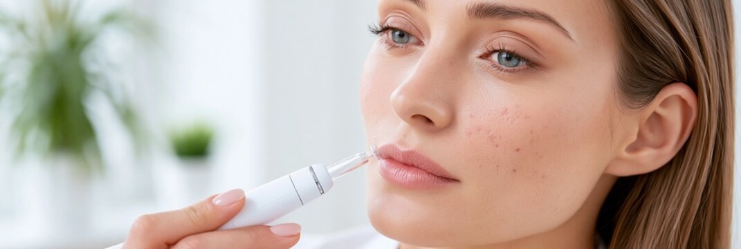 Closeup medium shot highlighting the precision of handheld plasma pen near acnescarred cheekbone surrounded by white walls and subtle indoor plants in softly lit clinical setting.