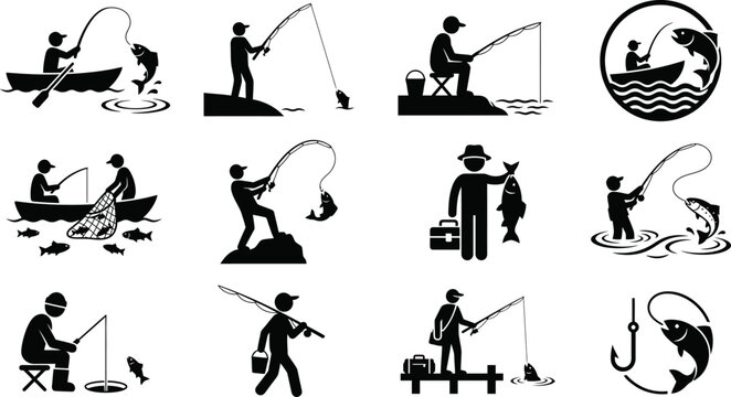 Set of fishing icons depicting individuals engaged in angling from boats piers and rocky shores with caught fish.