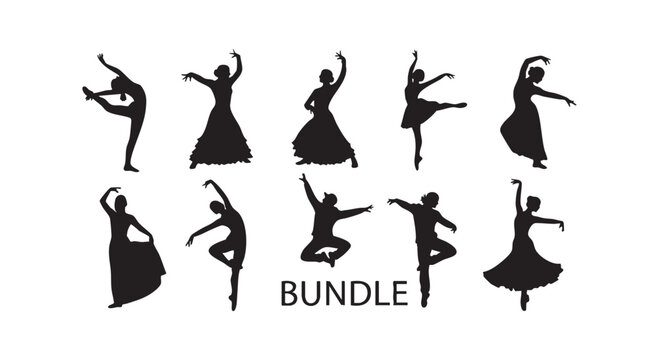 Ballet dancers performing graceful poses in silhouette isolated on white background group bundle.