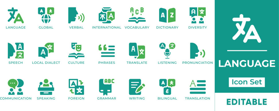 Language Translation Dictionary Bilingual Grammar Foreign Vocabulary Vector Icon Set