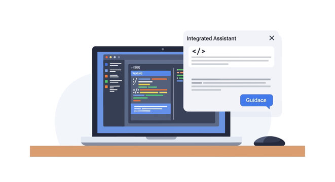 AI Coding Assistant and Integrated Development Environment on Laptop Screen Vector Illustration