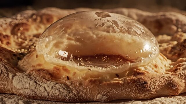 Closeup of a delicious freshly baked bread with a golden crust and a bubbly surface.