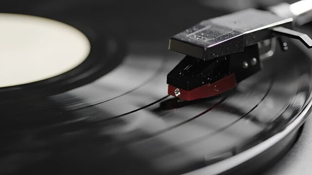 Closeup of a vintage vinyl record playing on a turntable 1.