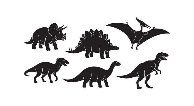 Collection of dinosaur species in silhouette style including triceratops stegosaurus pterodactyl and tyrannosaurus rex.