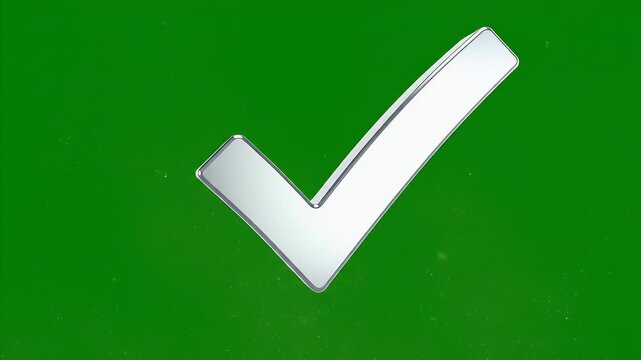 Floating Checkmark on Green Screen - A sleek, metallic checkmark floats prominently against a vibrant green background.