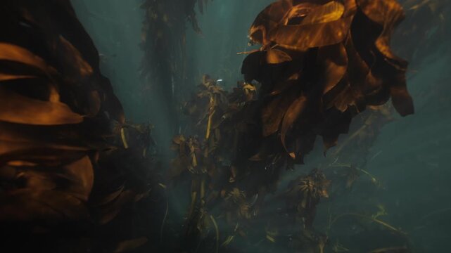 Large floating clusters of kelp drifting beneath the ocean surface, creating an atmospheric underwater scene with textured seaweed and dancing rays of sunlight.