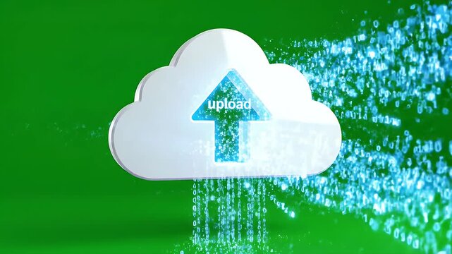 Cloud Upload Icon with Binary Data Streams - This video features a white cloud icon with an upward arrow labeled "upload", symbolizing data transfer.