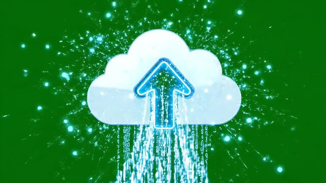 Cloud Upload Icon with Data Streams on Green Screen - A cloud icon with an upwards arrow at the center represents the concept of data uploading.